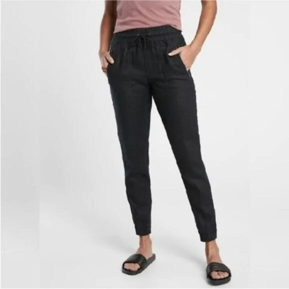 Athleta Cabo Linen Jogger pants zip pockets in black sz 6 petite